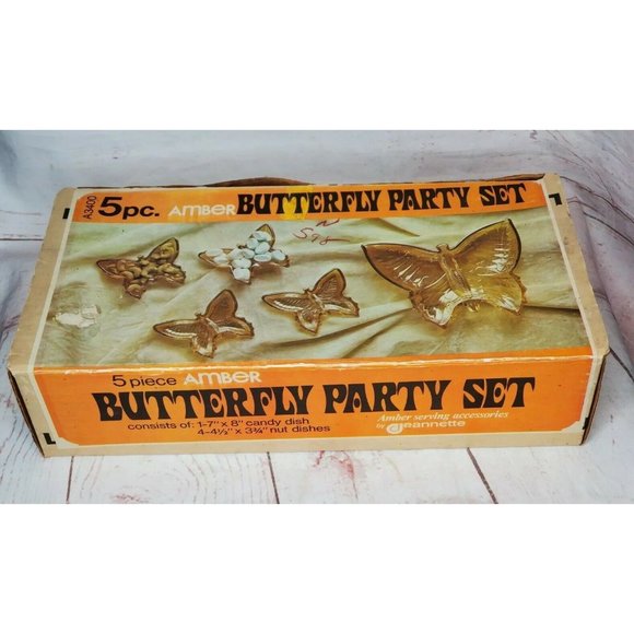 Rare Amber 5 Piece Vintage Brown Glass Butterfly Home Décor Candy Nut Dish Set - Picture 5 of 9